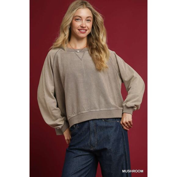 Umgee Mineral Wash Crew Neckline Relaxed Fit French Terry Sweatshirt | Mushroom - Picture 2 of 6